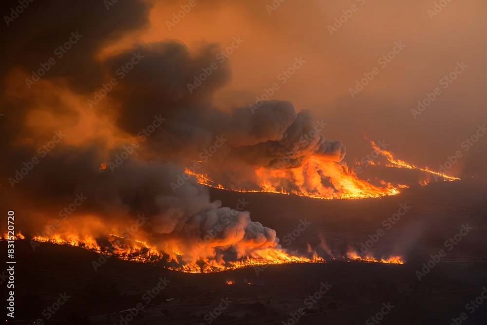 Landscape consumed by wildfire, flames and smoke cast orange glow, intense environmental impact captured