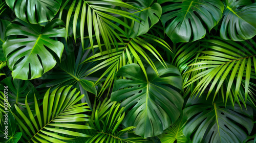 Green palm leaves background  tropical leaf texture in jungle nature