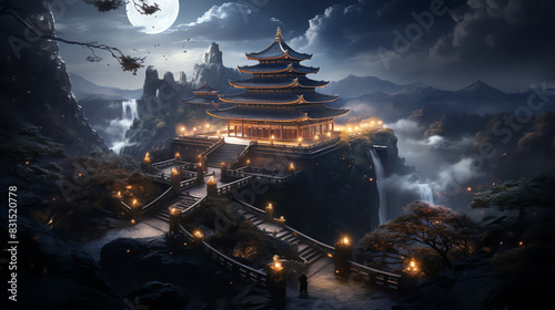 A Chinese-style building with a moon in the background.

 photo