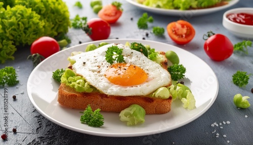 a white plate adorned with a fried egg toast and vegetables
