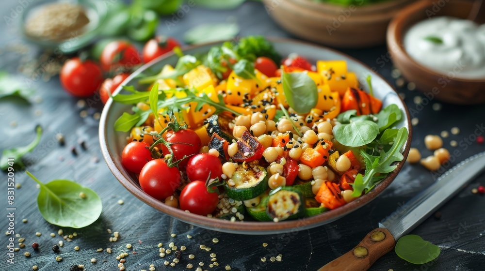 Colorful bowl of fresh salad with cherry tomatoes, chickpeas, spinach, and vegetables on a dark wooden table with dressing on the side. Colorful bowl of fresh salad with cherry tomatoes, chickpeas, spinach, and vegetables on a dark wooden table with dressing on the side.