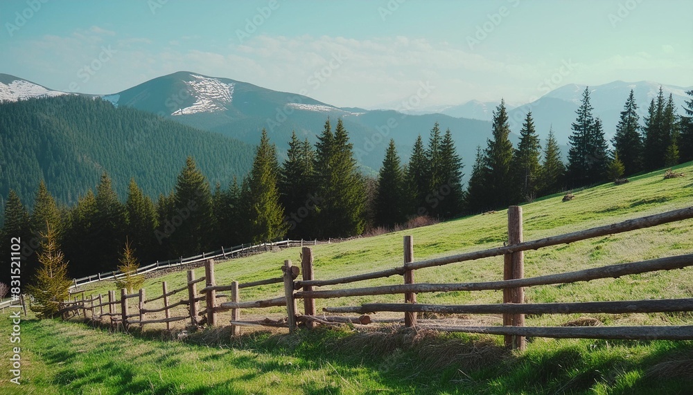 carpathian countryside scenery in spring on a sunny morning mountainous rural landscape of ukraine with meadow behind the wooden fence fir forest on the grassy hill in the distance