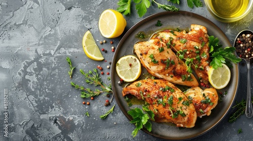 Tasty chicken piccata with herbs on a grey table top view Room for adding text photo