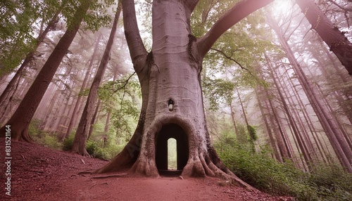 a giant sycamore with a keyhole shaped opening stands in an old growth forest near blowing rock north carolina photo