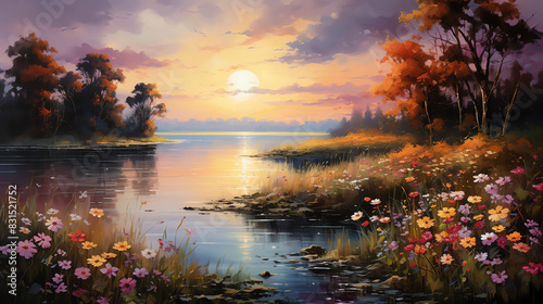 A sunset over a lake. There are trees and flowers in the foreground, and the sun is setting in the background. The sky is a gradient of orange and yellow, and the water is a deep blue. 
