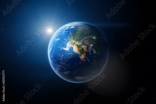 Earth shines in brilliant blue light from sun, surrounded by stars in celestial beauty