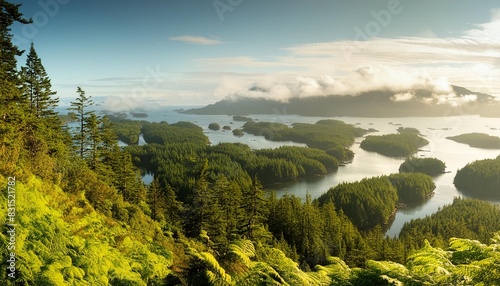 landscape of tofino covered in greenery surrounded by the sea in the vancouver islands canada photo