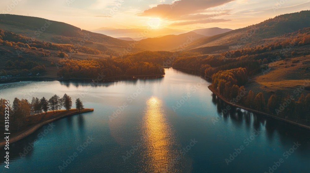Fototapeta premium High angle aerial shot of stunning lake with mountain forest scenery at sunset or sunrise