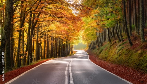 a road through the fall forest on the camino de santiago or way of st james photo