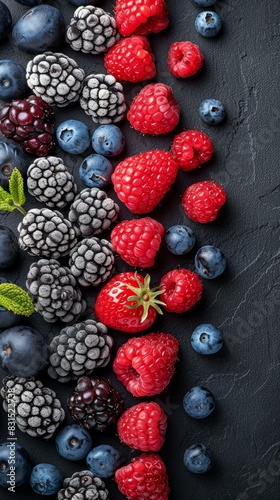 Luscious assortment of fresh berries on dark textured surface, featuring vibrant reds, blues, blacks. Summer freshness & natural vitamins theme.