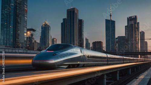 Sleek bullet train arriving at a platform with a bustling urban skyline in the background  high resolution  vibrant colors  dynamic lighting.
