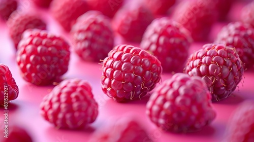 Lush ripe raspberries scattered on bright pink background, summer harvest abundance, fresh healthy berries for dessert.