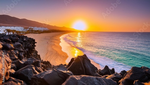 view of a beautiful sunrise light over the volcanic beach morro jable framed by the dark lava rocks in the summertime in fuerteventura canary islands spain photo