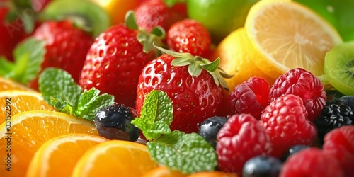 Luscious assortment of colorful summer fruits including strawberries  raspberries  blueberries  lemons  and oranges. Summer vitamins  fresh and vibrant seasonal produce.