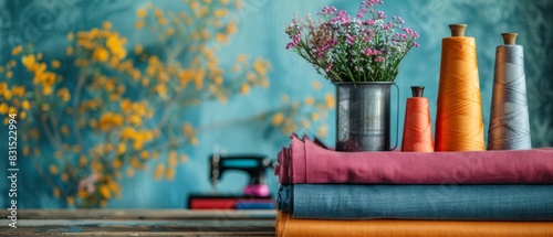 Obraz na płótnie Colorful sewing materials including fabric rolls, threads, flowers, and a sewing machine placed on a wooden table with a vibrant background. w salonie