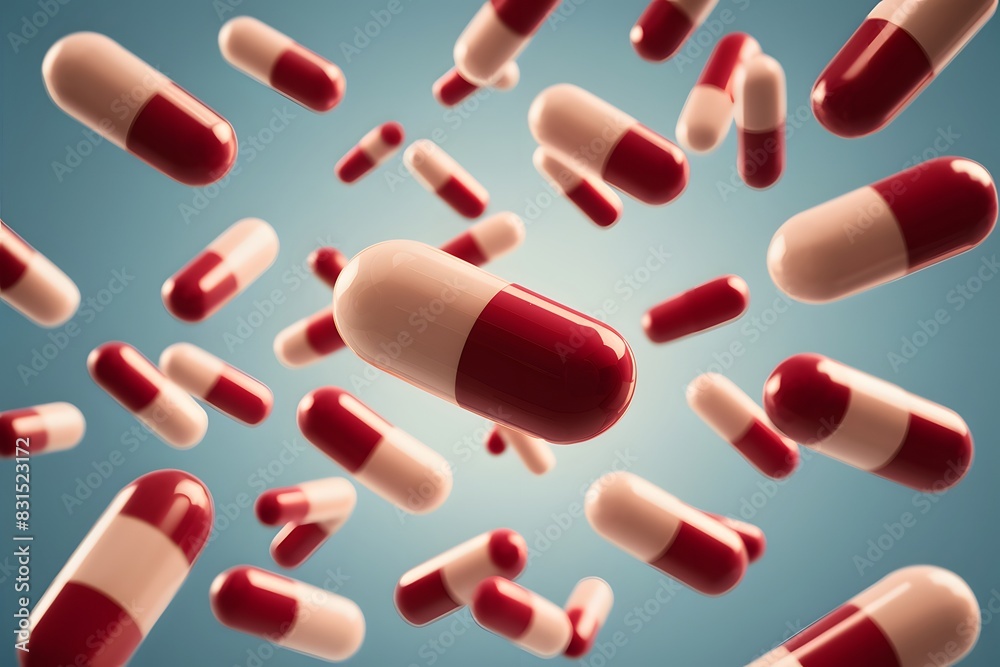 Red and white capsules floating in motion on light blue background Red and white capsules floating in motion on light blue background