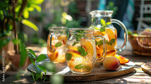 Pitcher of white sangria wine cocktail with peaches on table, summer picnic