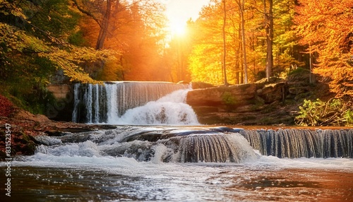 waterfall flowing in autumn forest at national park during warm sunset light cascade in woods with colorful trees and fresh water