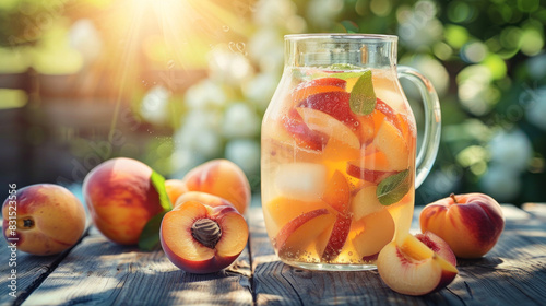 Pitcher of white sangria wine cocktail with peaches on table  summer picnic