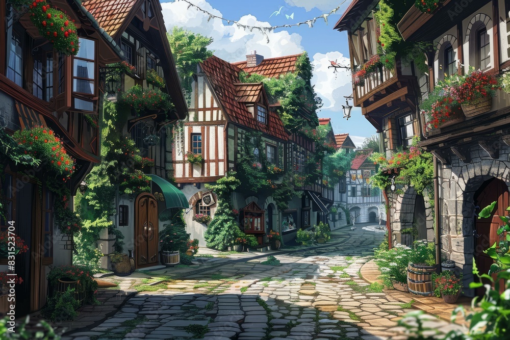 Digital artwork of a charming medieval village with cobblestone streets and timbered houses