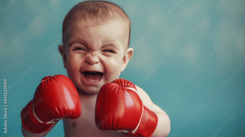 Happy baby with red boxing gloves against a light blue background Happy baby with red boxing gloves against a light blue background