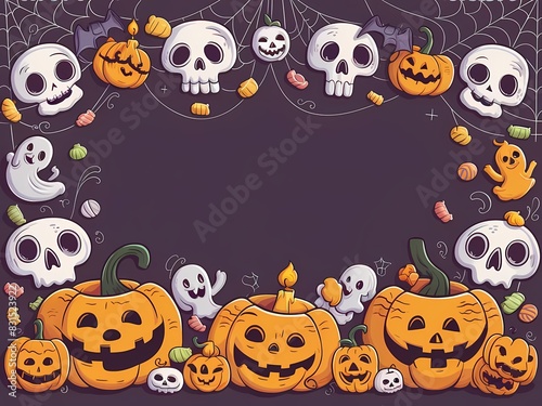 Halloween Frame with Pumpkins  Skulls  and Full Moon  