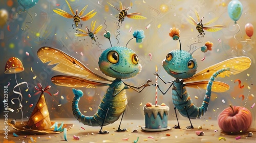 Artwork depicting dragonflies enjoying a birthday party.