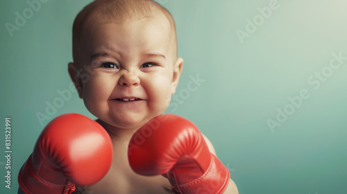 Baby making a fist with one hand while wearing red boxing gloves © Irina B