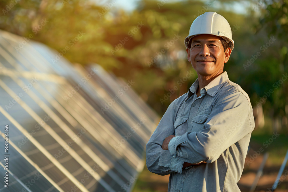 Smiling technician in a hard hat stands proudly with crossed arms in front of solar panels during a sunny day Smiling technician in a hard hat stands proudly with crossed arms in front of solar panels during a sunny day