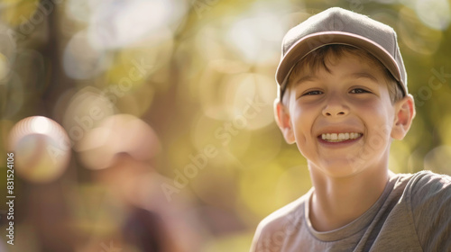 Smiling young boy wearing a baseball cap, with a blurred baseball in the background, set in a sunny outdoor environment