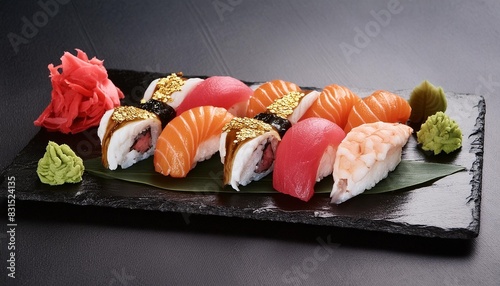 a lavish sushi platter with premium maguro and ebi adorned with gold leaf served on an elegant matte black plate accented with wasabi symbolizing the height of culinary luxury