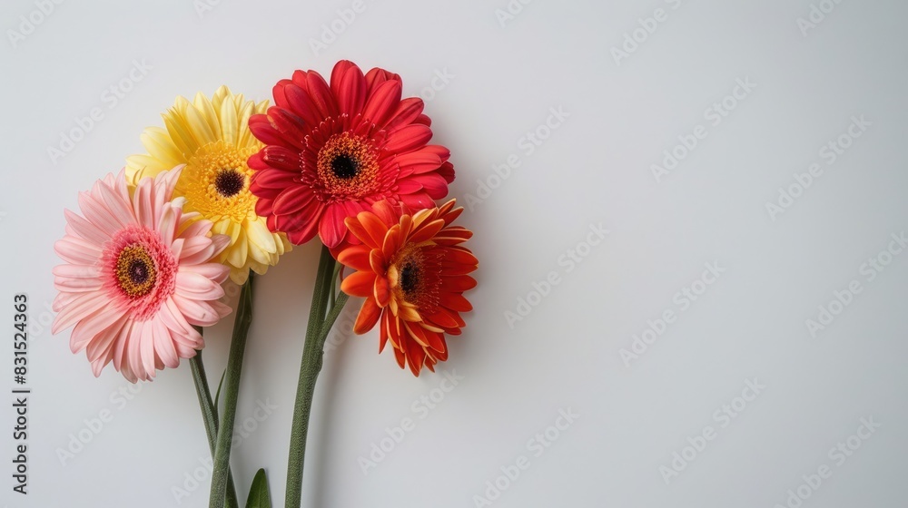 Gerbera flowers exhibited against a white backdrop Gerbera flowers exhibited against a white backdrop