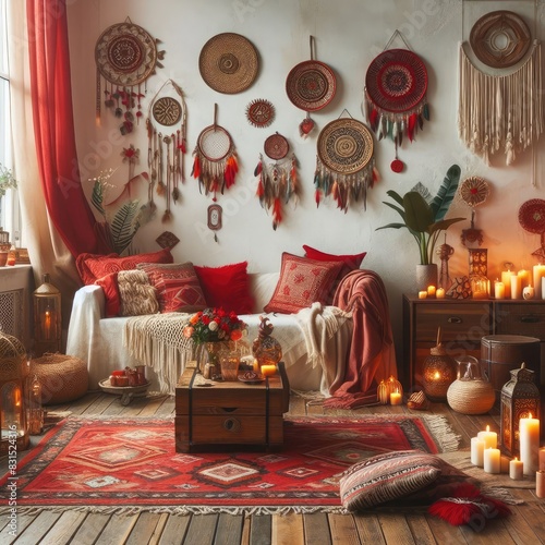 boho interior design with red accents

