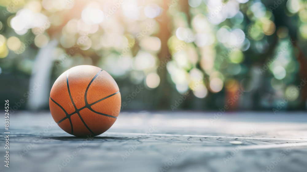 Basketball on outdoor court with blurry green trees in background, sunlight filtering through leaves, focus on ball Basketball on outdoor court with blurry green trees in background, sunlight filtering through leaves, focus on ball