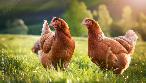 zwei braune bio huhner auf einer grunen wiese mit saftigen grasern artgerechte haltung legehennen in der natur im hintergrund unscharf weiteres huhn photo