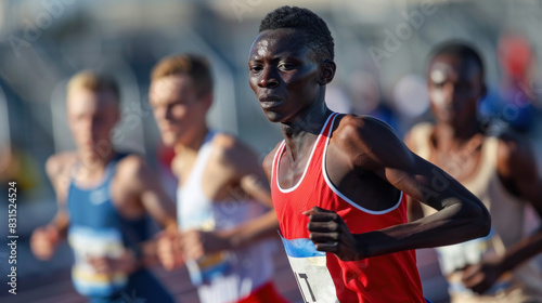 Close-up of a focused African runner in a red jersey during a competitive race, with other runners blurred in the background