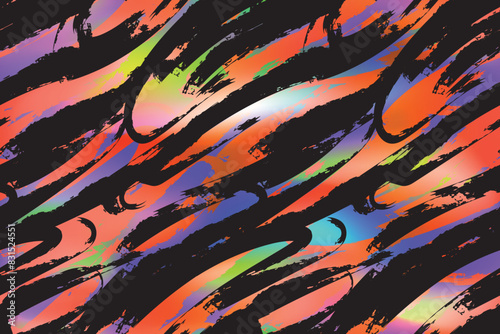 Grunge brush trace seamless pattern. Stripes textured ornament with brush strokes on gradient background. Textured with twirls and curly lines.