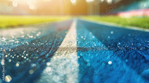 Close-up of a wet running track with blue lanes, glistening under the light, ready for athletes to compete photo