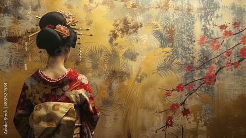 Geisha against the background of an old wall with golden elements in Japanese style. photo