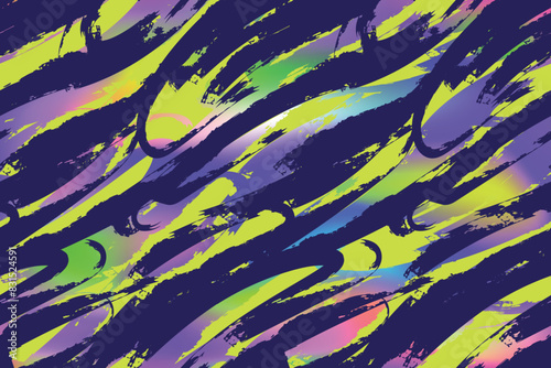 Grunge brush trace seamless pattern. Stripes textured ornament with brush strokes on gradient background. Textured with twirls and curly lines.
