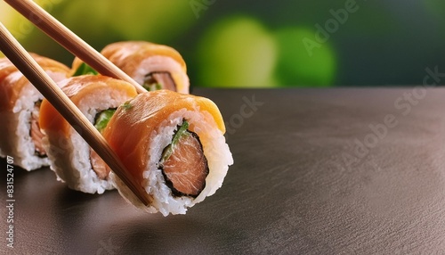 sushi rolls picked up by chopsticks ready to eat popular japanese food panorama with copy space