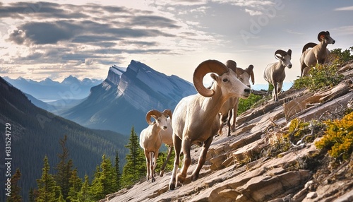 mountin sheep rams travel along very thin rocky cliffs in the canadian rockies blending in to their environment