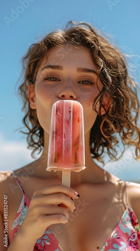 portrait of woman with popsicle on sky background