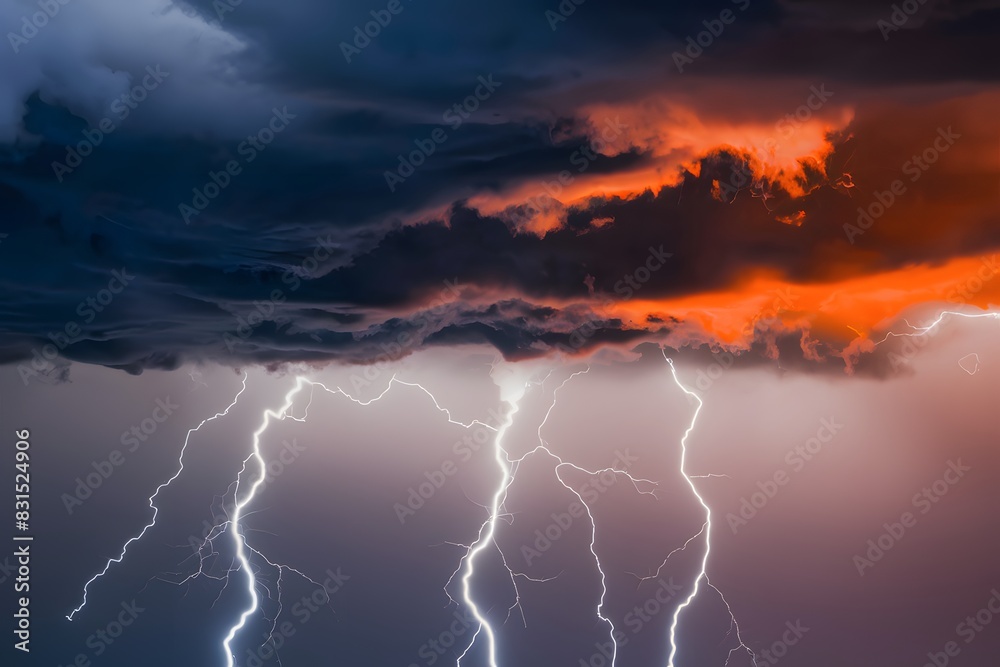 Stormy sky with dark clouds, fiery orange glow, lightning strikes, dramatic scene