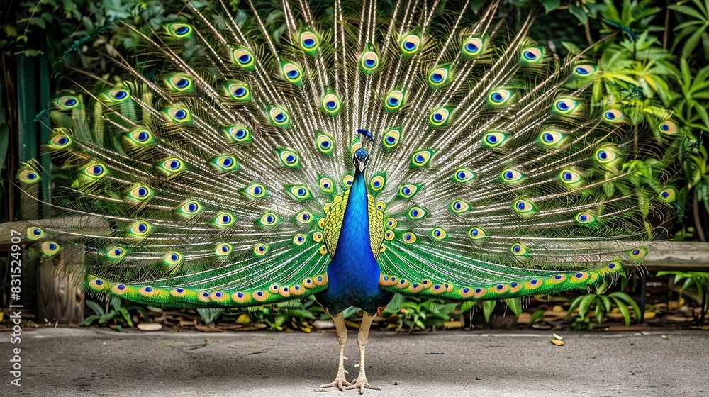 Obraz premium A majestic peacock stands proudly, with its vibrant feathers spread wide, against a wooden fence and lush palm trees as a serene backdrop