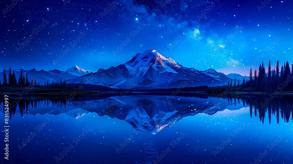 Naklejka premium Majestic Mountain Reflects Perfectly In A Calm Lake Under A Star-Filled Night Sky