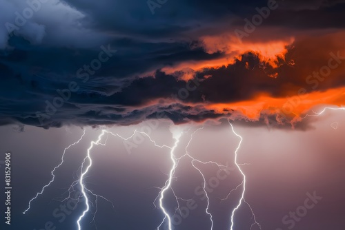 Stormy sky with dark clouds, fiery orange glow, lightning strikes, dramatic scene