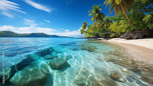 A tropical beach with palm trees, white sand, and crystal clear water.