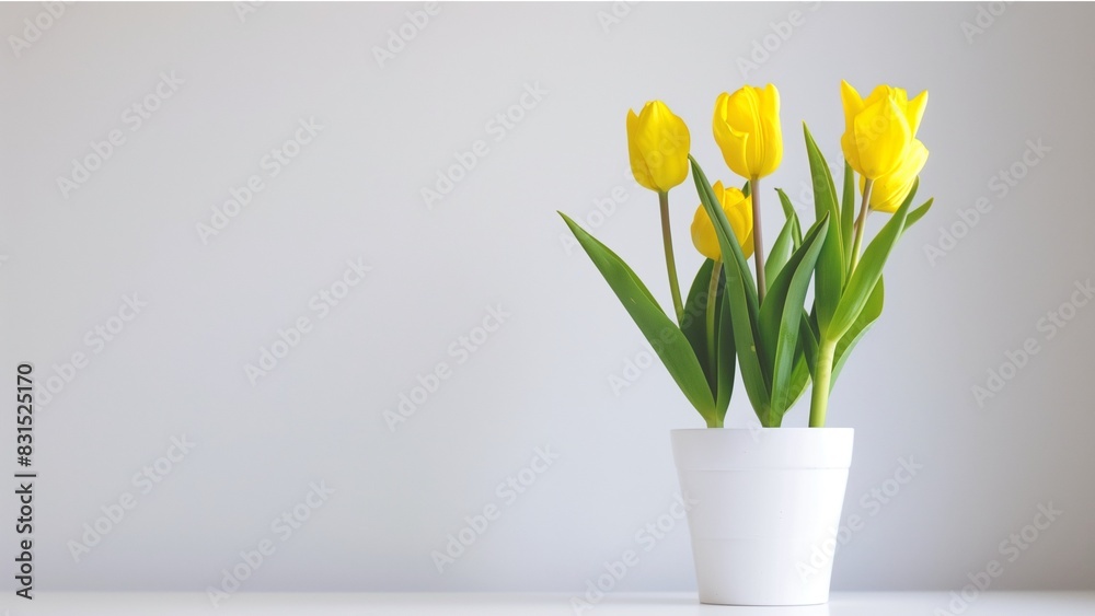 yellow tulips in a white pot against a white background, in the style of minimalism yellow tulips in a white pot against a white background, in the style of minimalism