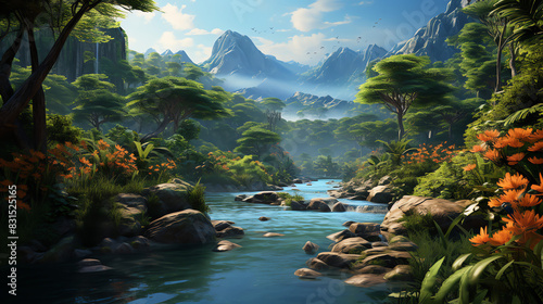 A jungle with a river running through it. There is a large mountain in the background and many different types of plants and trees in the foreground.  